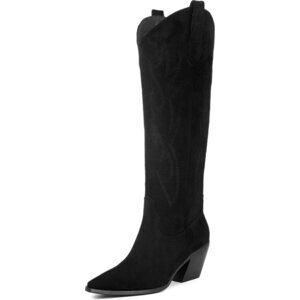 Women Black Knee High Pointed Toe Block Heel Cowboy Suede Embroidered Boots